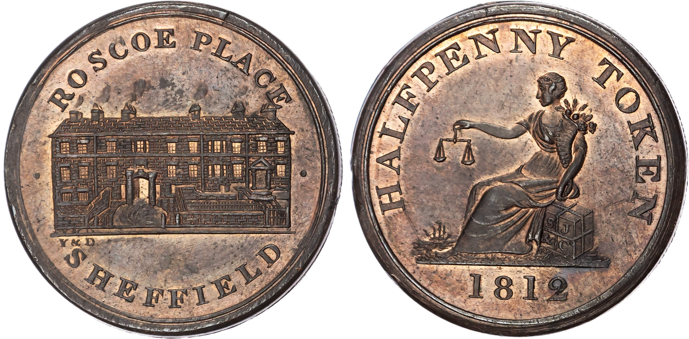 SHEFFIELD, Yorks. Shaw Jobson & Co, Halfpenny 1812, View of factory buildings at Roscoe Place, rev. Commerce s…