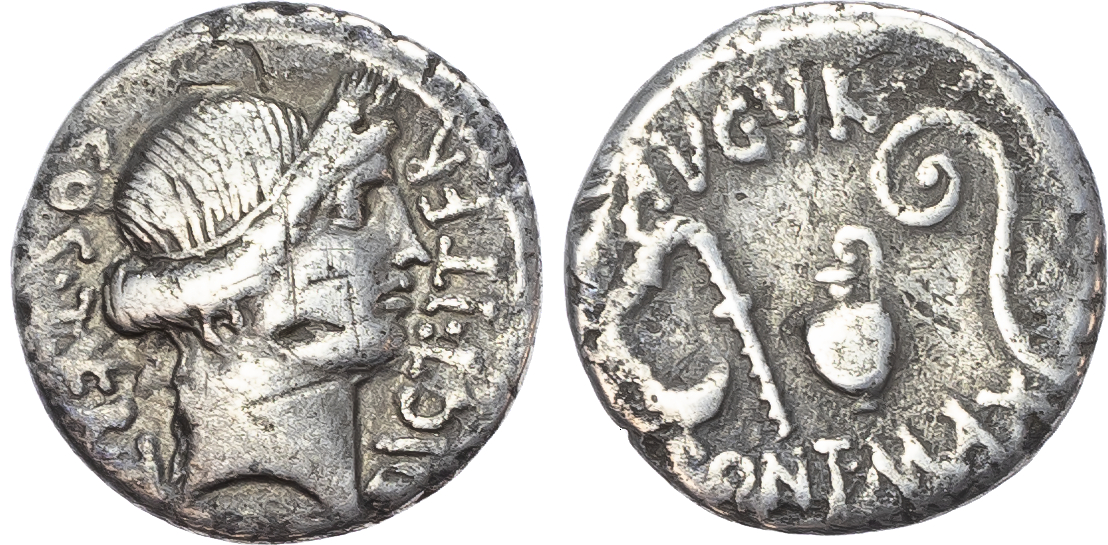 Julius Caesar (46 BC) AR Denarius, North Africa, 3.26g. 