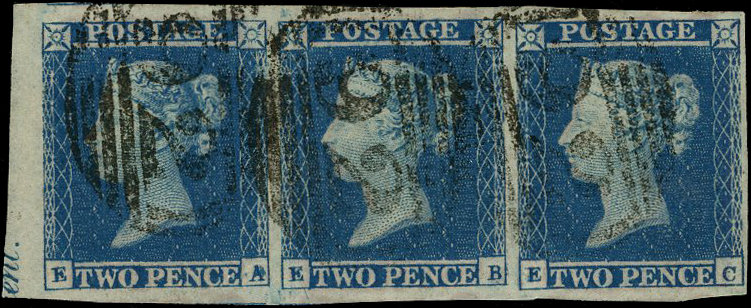 1841 2d ‘Violet-blue’ thicker lavender tinted paper. strip three used.