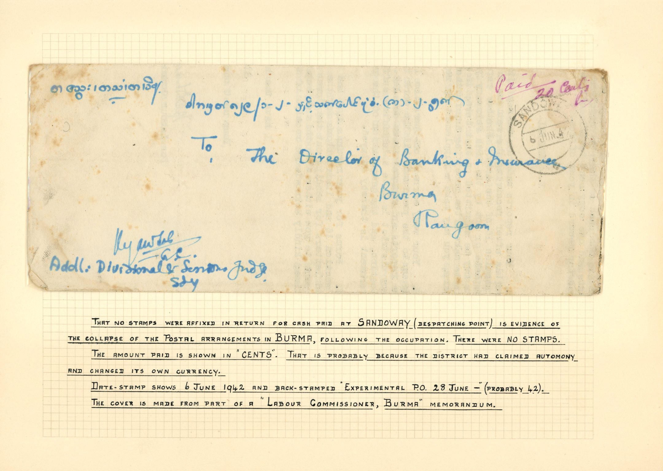 1942 stampless cover to Rangoon, cancelled...