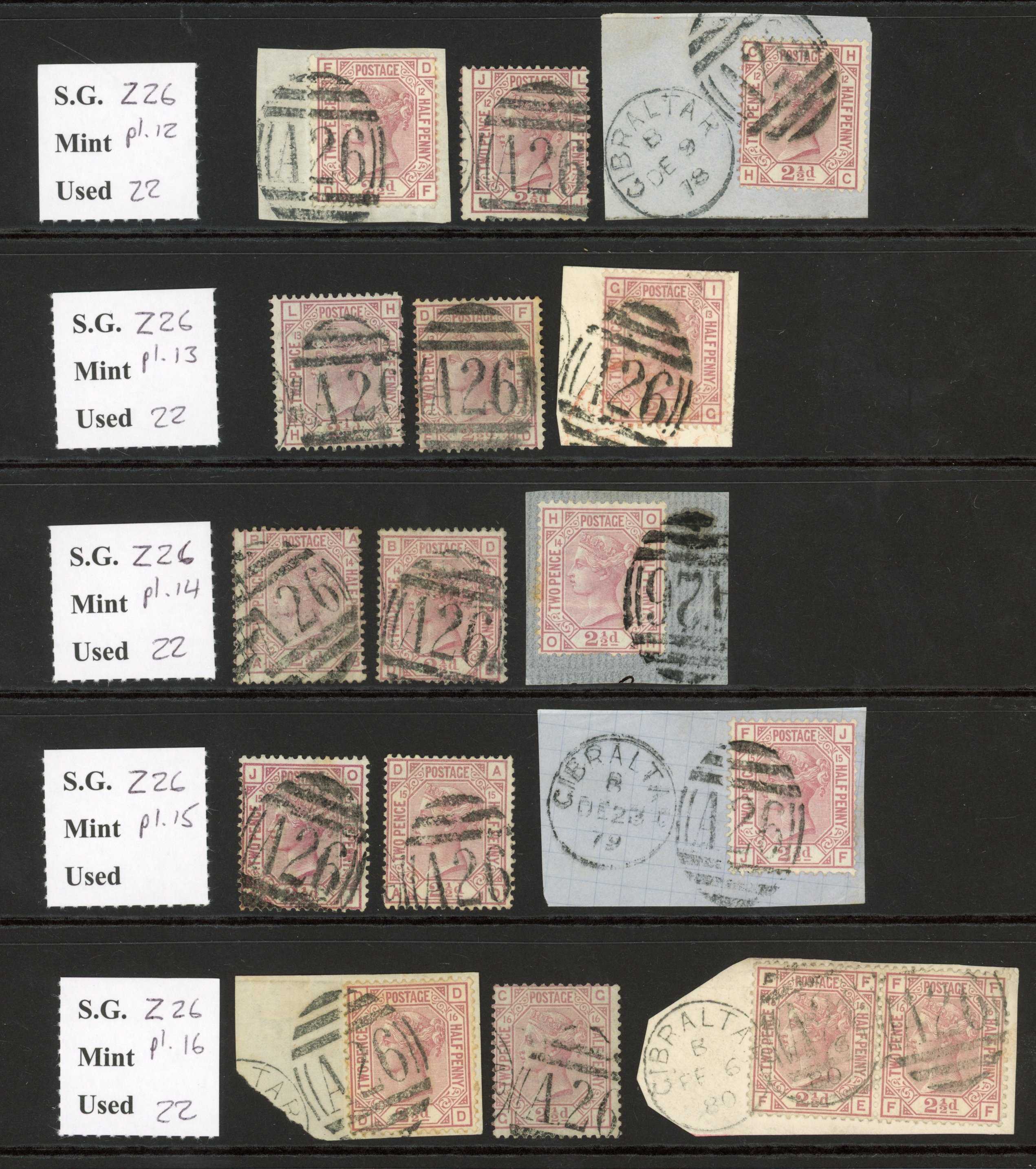 Gibraltar duplicated accumulation of 1875-79 GB 2½d rosy mauve