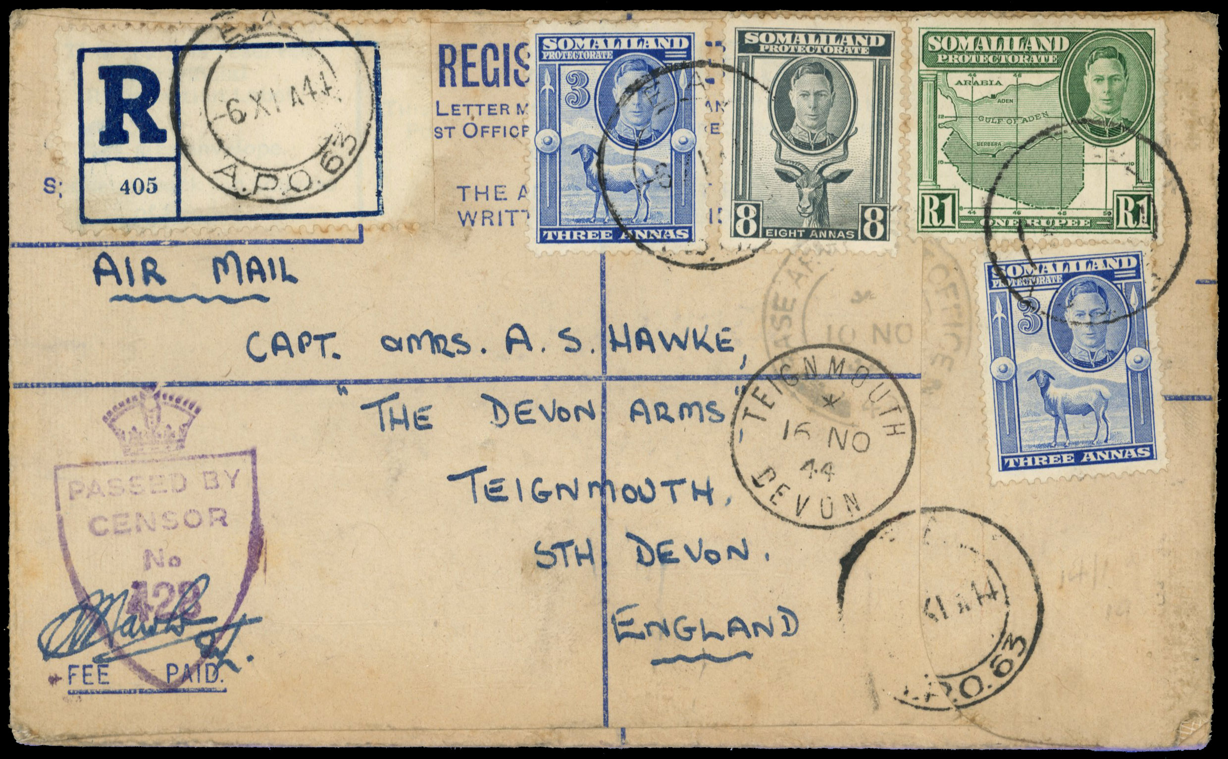 Somaliland 1944 registered envelope used from EA APO 63