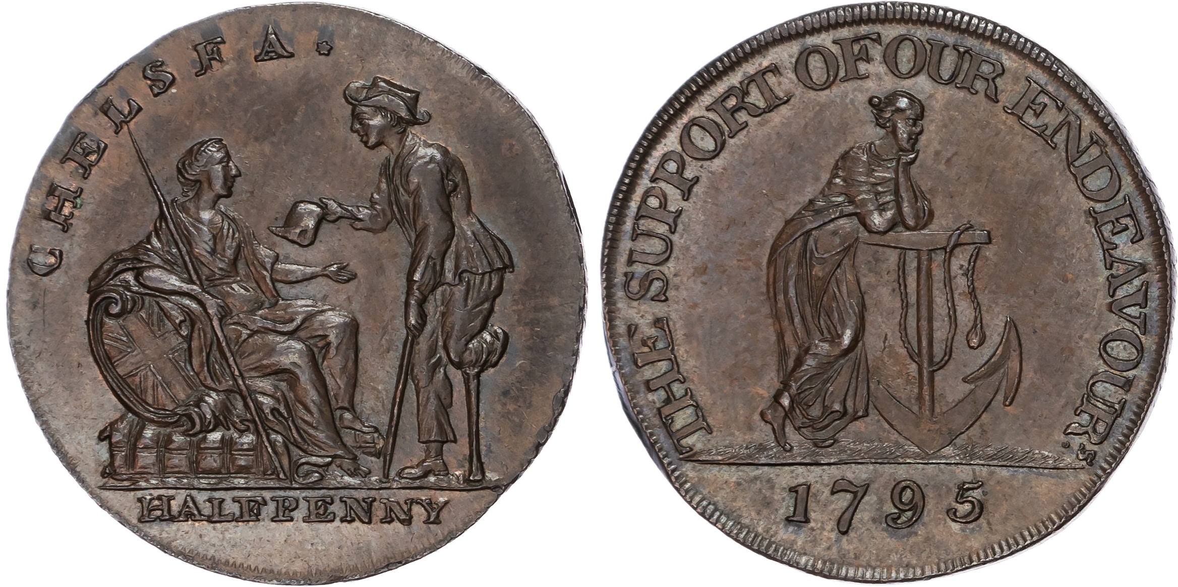 London, Chelsea, issuer uncertain Halfpenny, 1795, Sailor presenting petition to Britannia, rev. Hope leaning …