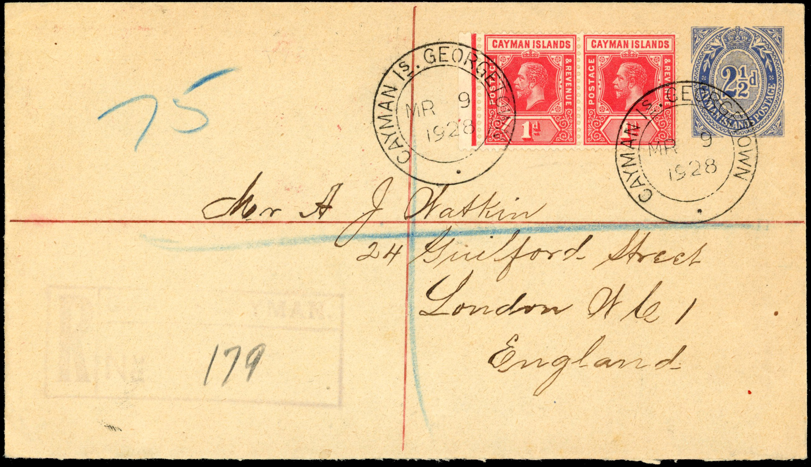 Cayman Islands 1928 uprated Postal Stationery envelope used to London