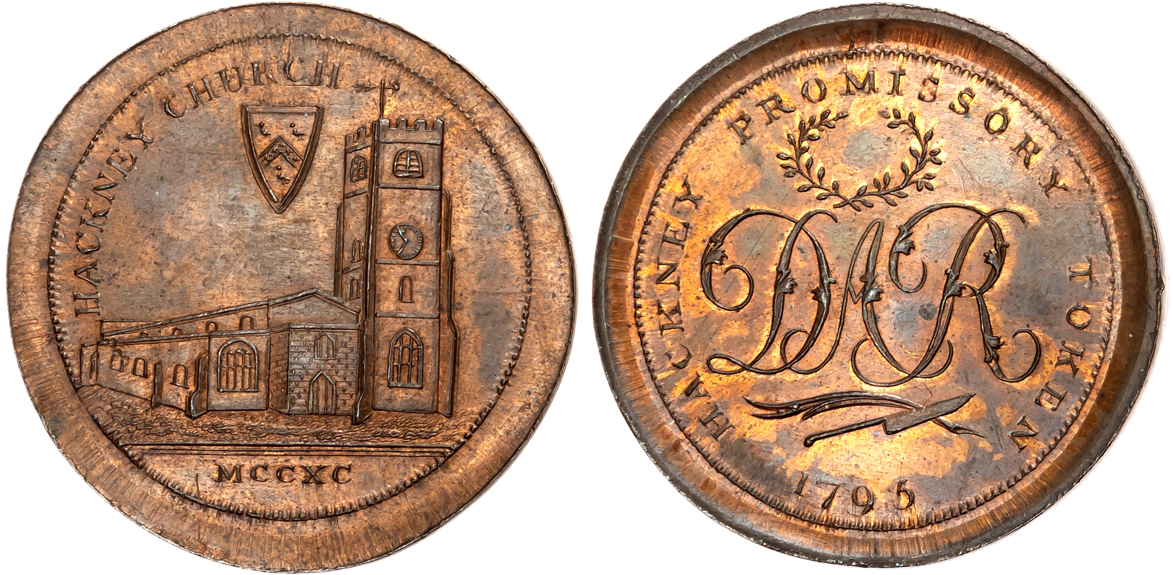 London, Hackney, David Rebello (numismatist), Skidmore’s Penny 1795, Parish church with arms above, rev . DAR cypher, ra …
