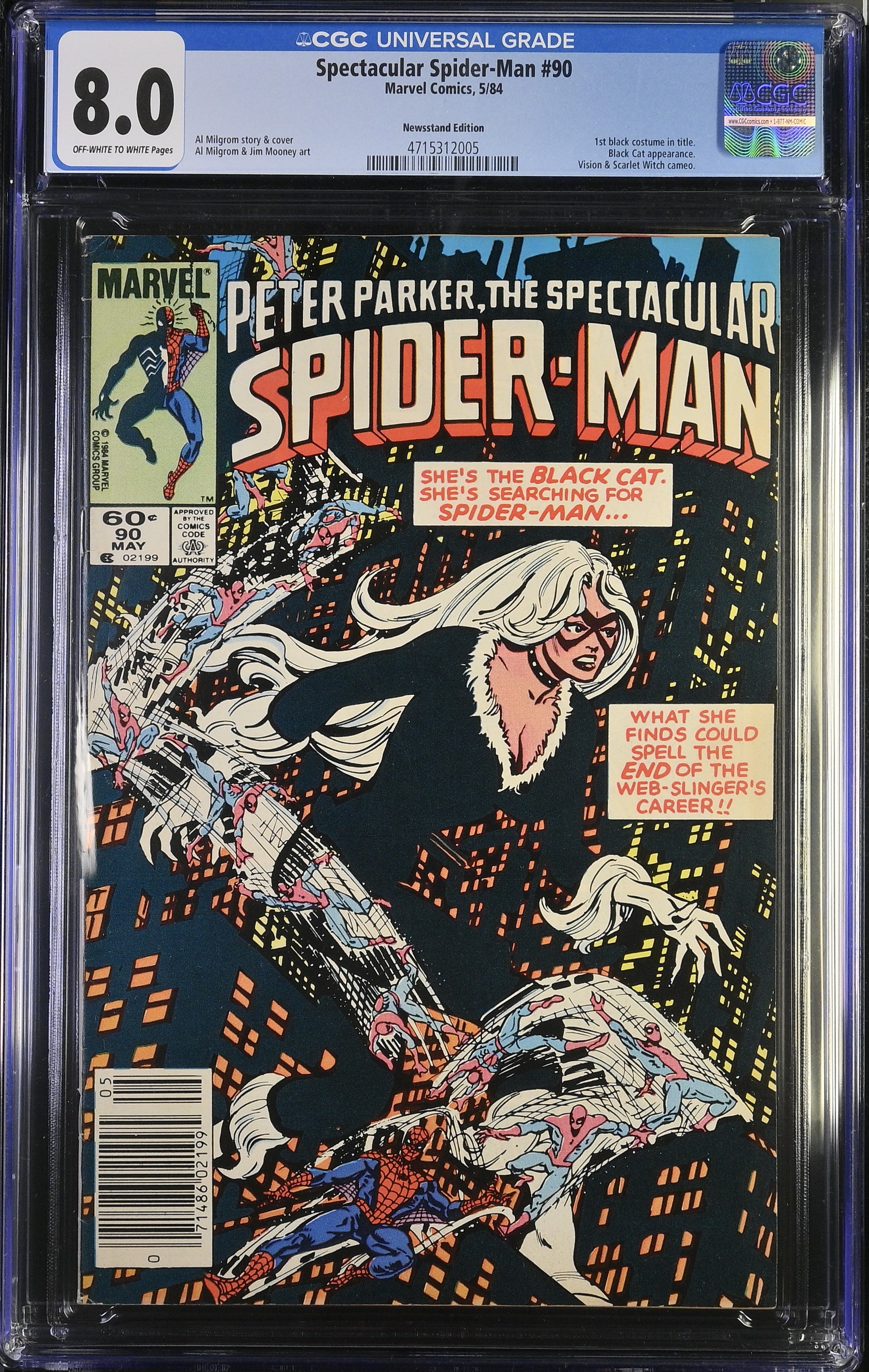 Spectacular Spider-Man #90 CGC 8.0 1st Black Costume in Box Newsstand Edition (Marvel Comics, 1984) Off-White to White Pages