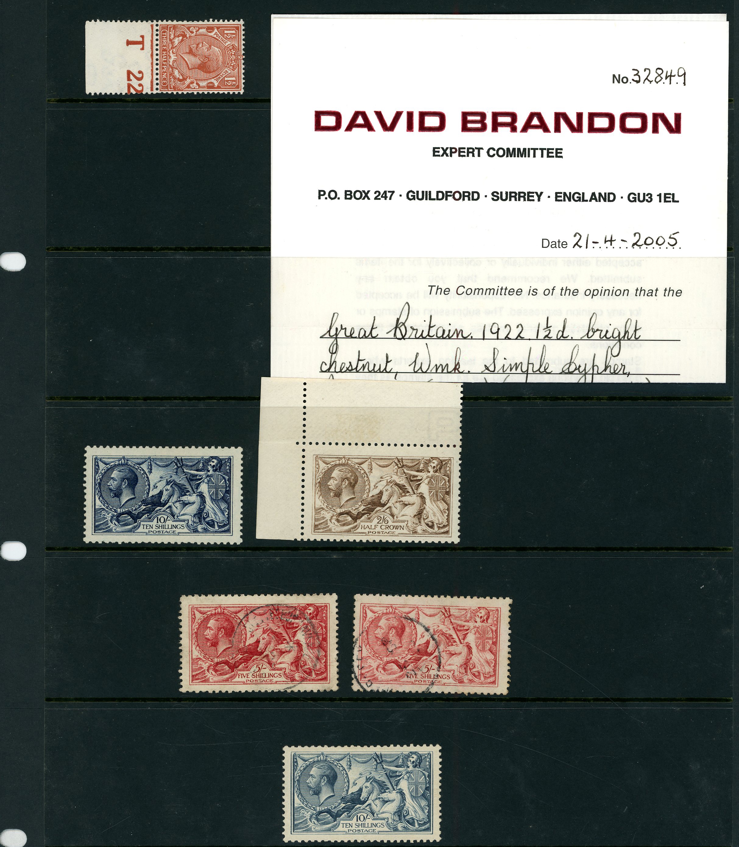 Great Britain 1913-34 KGV Seahorses and 1½d T-22 control single...