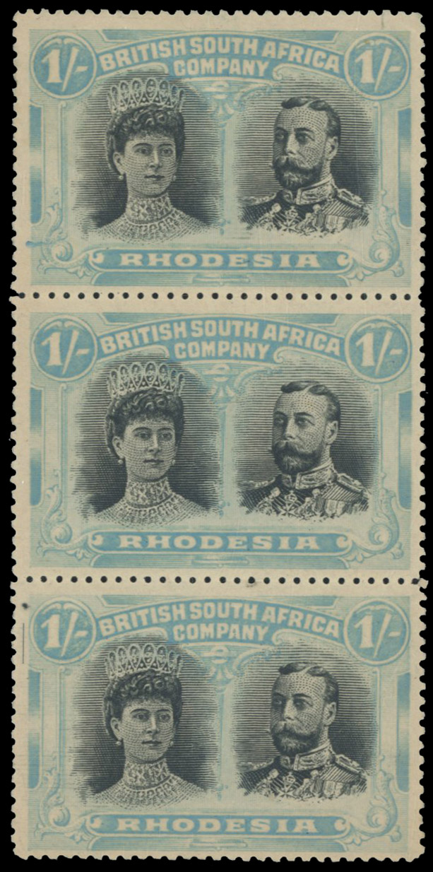 † 1/- black and (bright) turquoise-blue perf 15 RSC H, vertical strip of three from positions 3, 8 and 13 mint