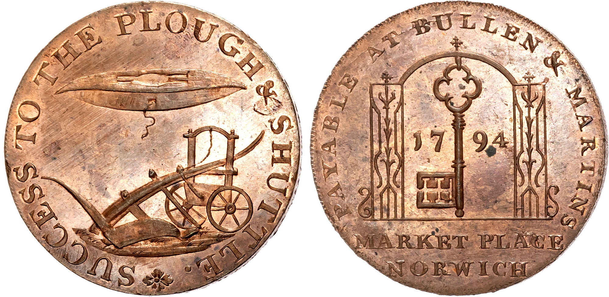 Norf. Norwich , Joshua Bullen & Simon Martin (ironmongers) Halfpenny 1794, Key in an iron archway, rev. shuttle over plo …