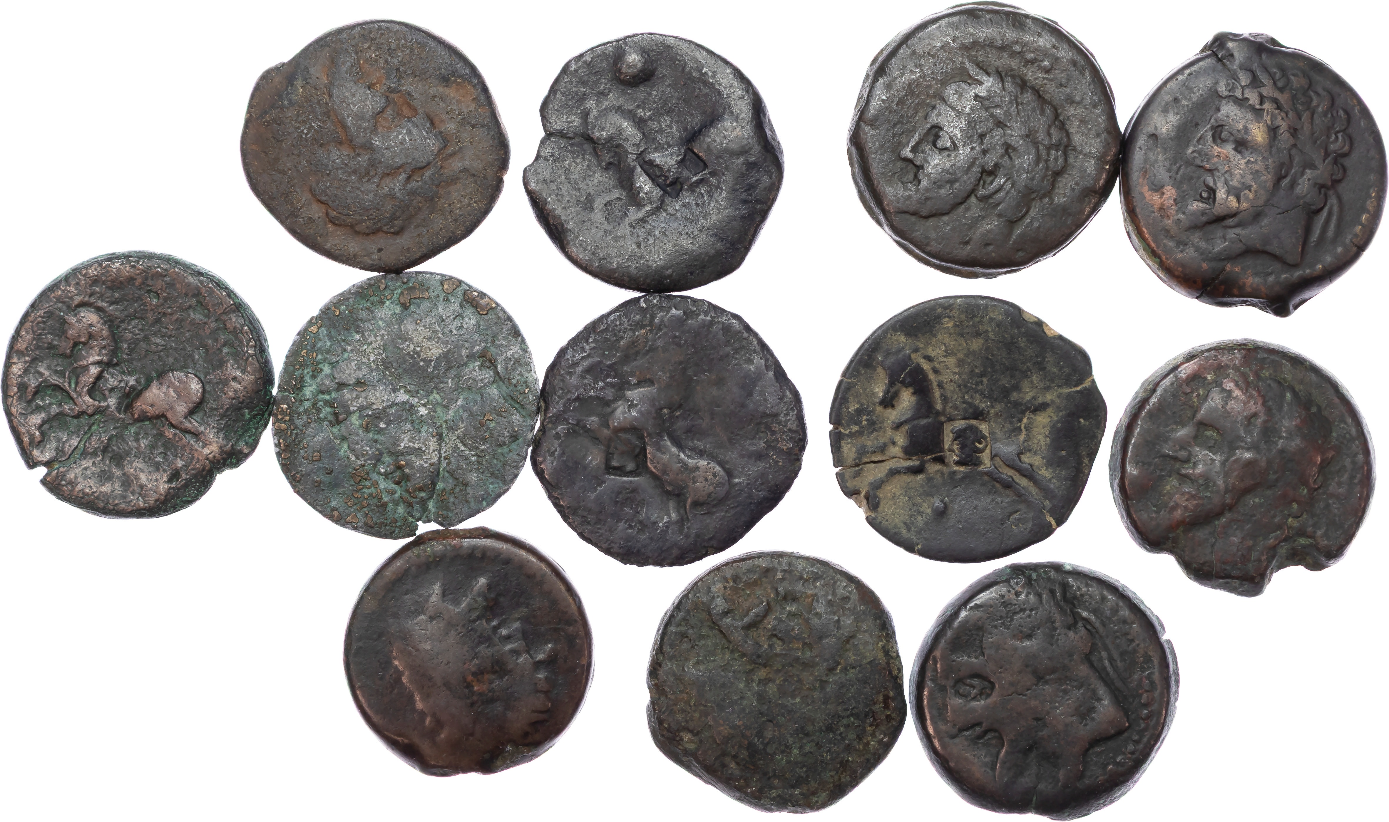 Numidia, Massinissa or Micipsa (c. 203-148 BC or 148-118 BC) Group of 12 Countermarked AE
Units, Varying weights.