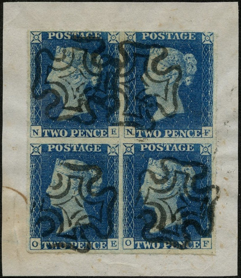 GB 1840 2d blue, Plate 1 (NE-OF), block of four used on small piece