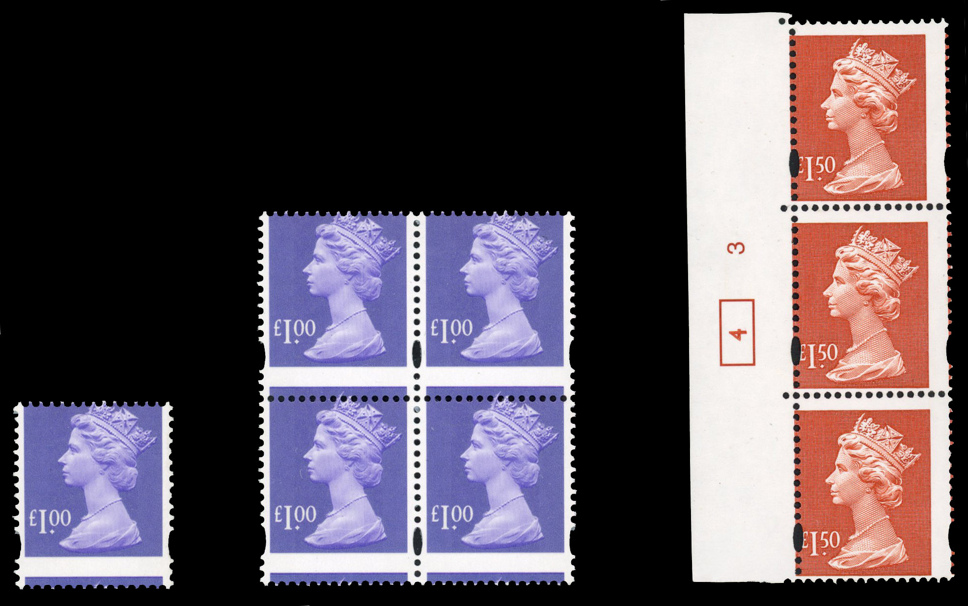 1993-2017 £1 bluish violet, elliptical perforations, PVA gum, lower left block of twenty (5x4) with plate number D1