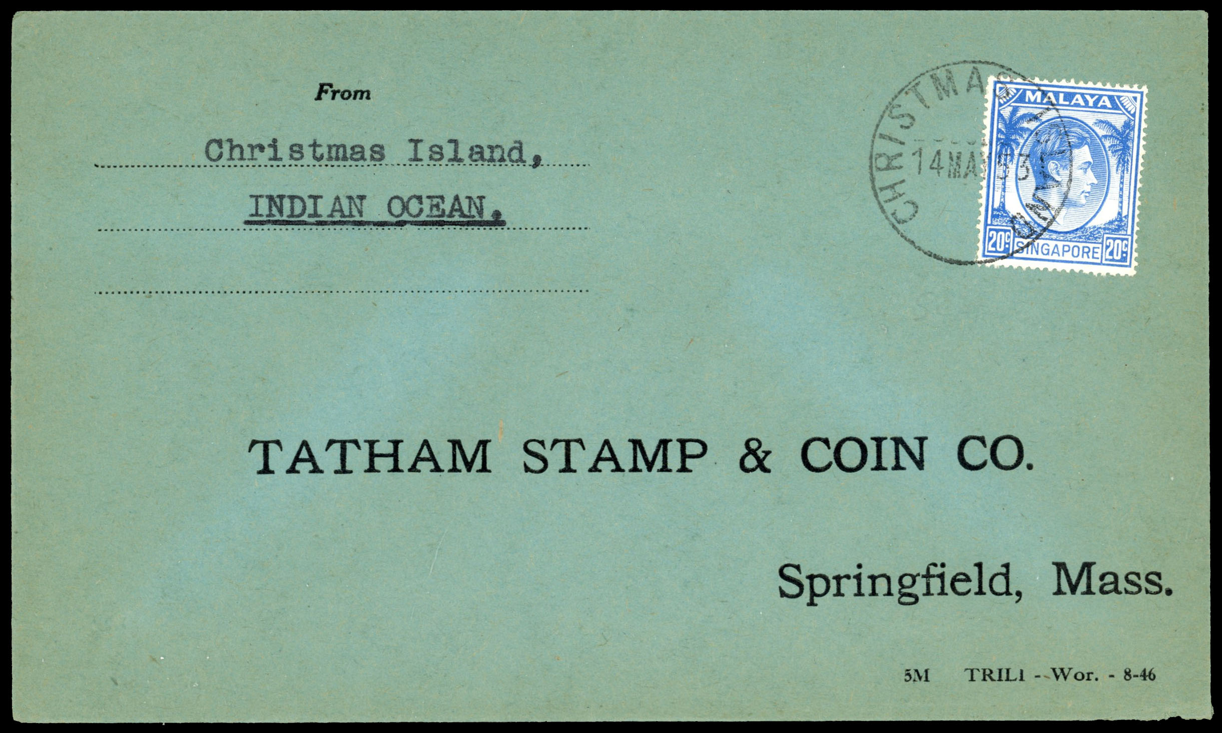 Christmas Island 1953 cover, Singapore stamp