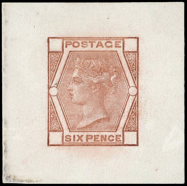 1873 6d Die proof. Fine example printed in deep brown on white glazed card  cut down to 38x38mm, with cleared corner squ…