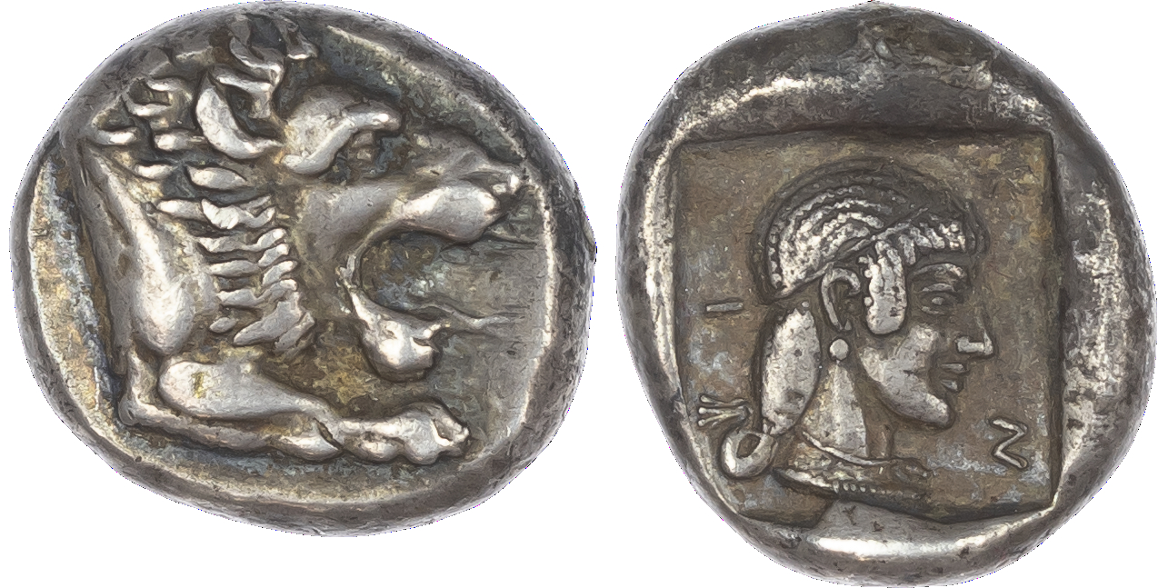 Caria, Knidos (c. 465-446 BC) AR Drachm, 6.05g. Head of a roaring lion facing right. Rev. K-N-I, head of Aphrodite facing