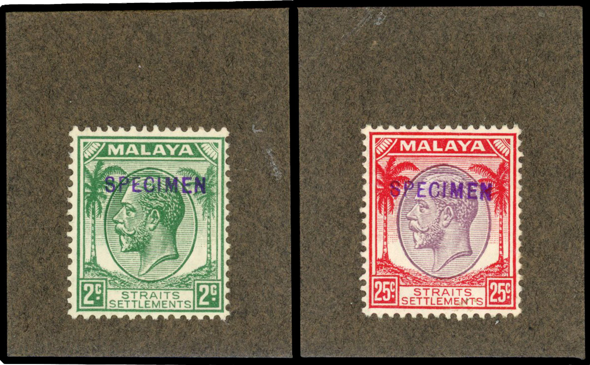 Straits Settlements 1936-37 2c, 25c handstamped Specimen in violet
