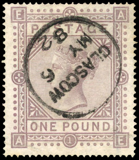 GB: 1878 £1 brown-lilac, Glasgow cds ‘My 6/82’ faults still a collectable used example SG 129