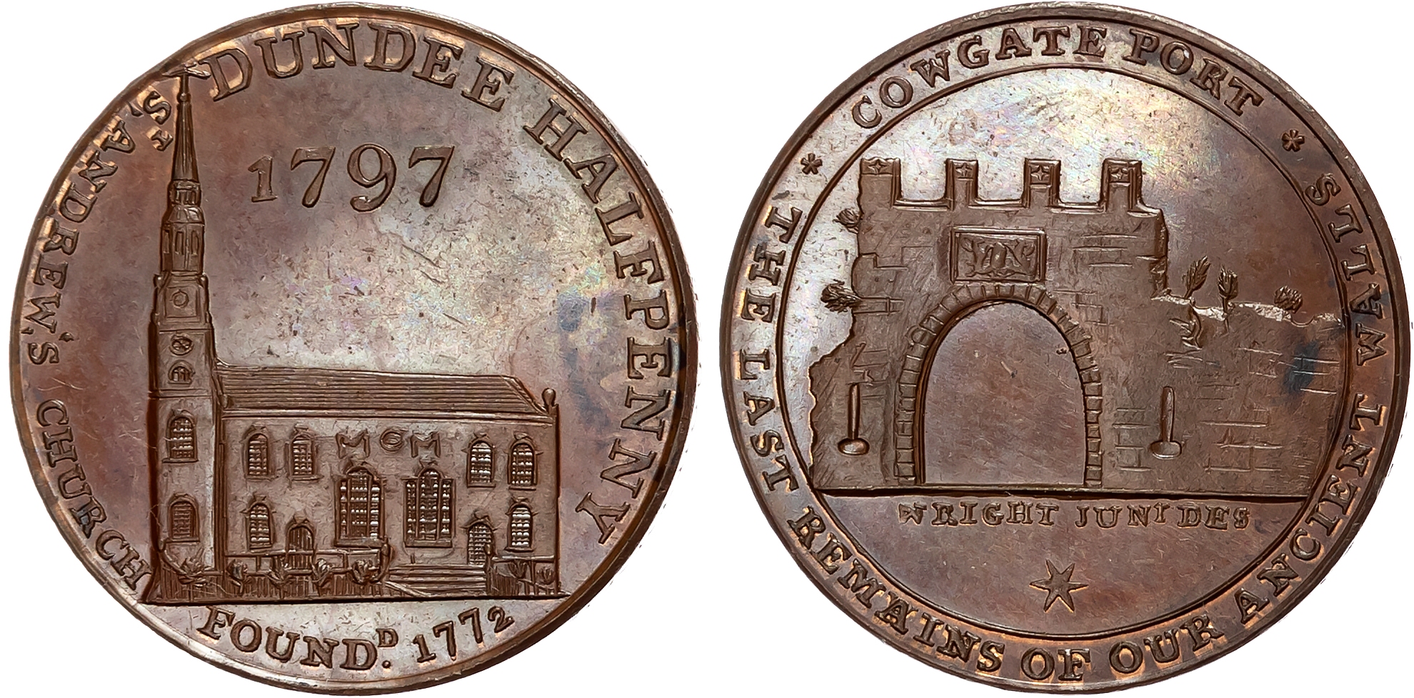 Angus . Dundee , Alexander Swap & Co. (draper, haberdasher) Halfpenny 1797, view of St. Andrew’s church, rev . View of t …
