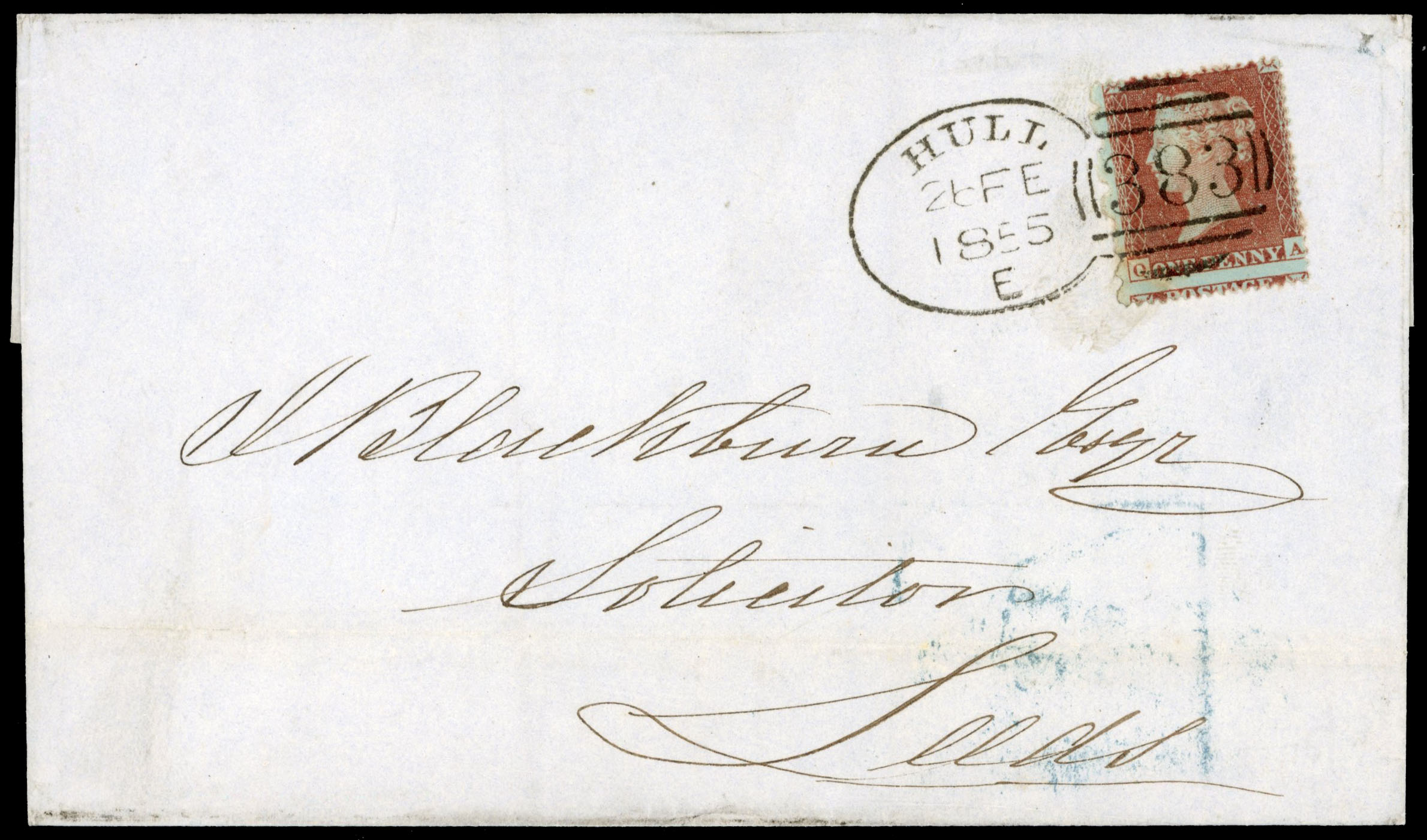 GB 1855 1d red perf 7 on cover