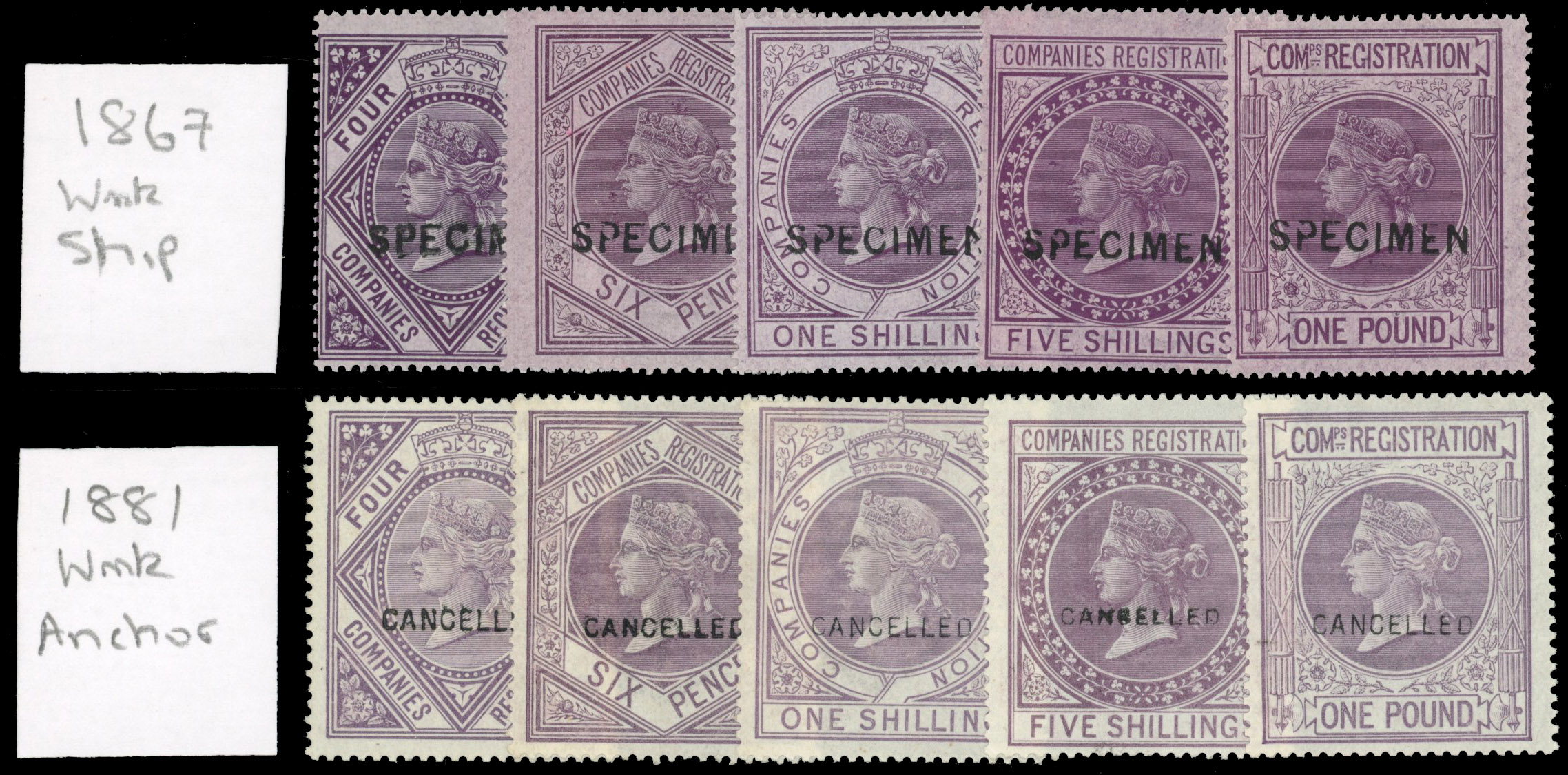 GB Companies Registration 1867 Cancelled and 1881 Specimen sets to £1