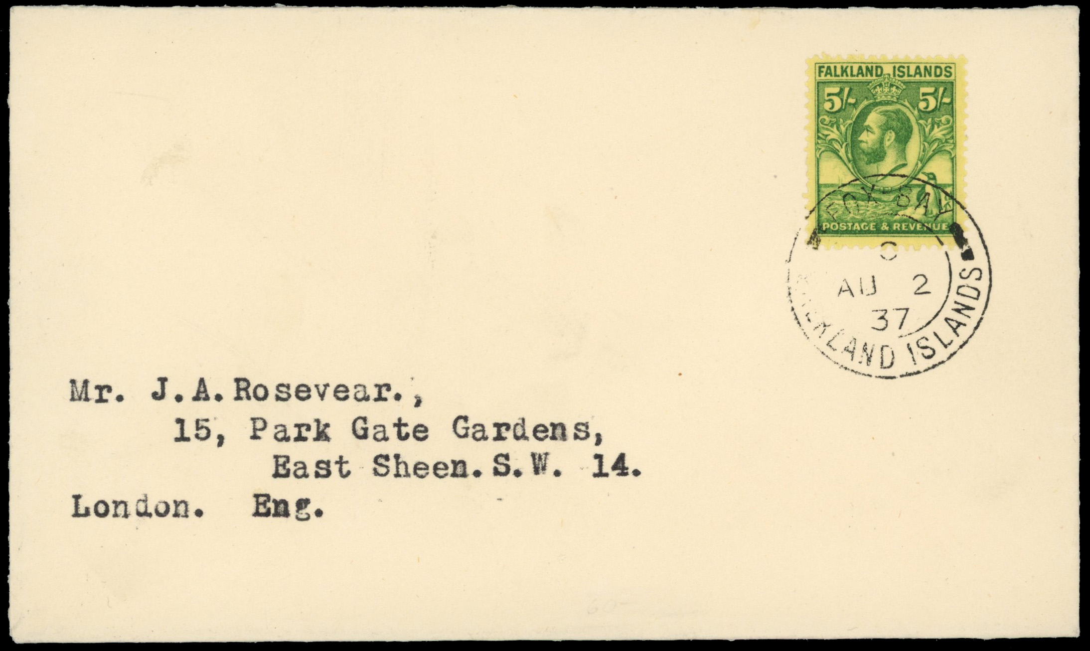 FALKLAND ISLANDS 1937 Whale and Penguin 5/- single franking cover