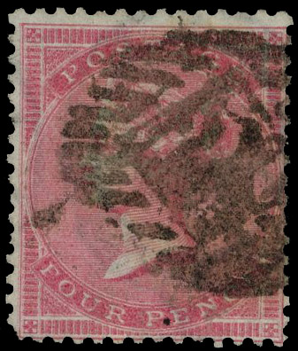 1856 4d Pale carmine (Wmk. Medium garter, ordinary thin white paper). Fine used example ‘printed double’, cancelled by a…