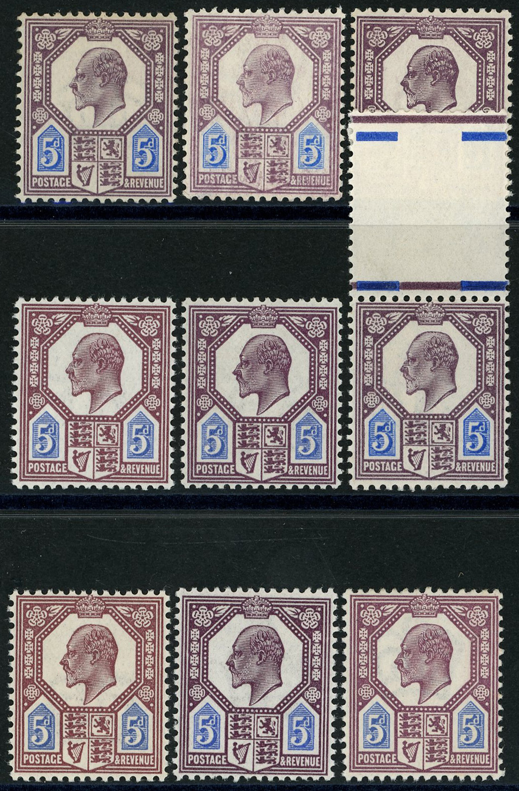 1902-12 5d range (9), fine unmounted. SG 242,...