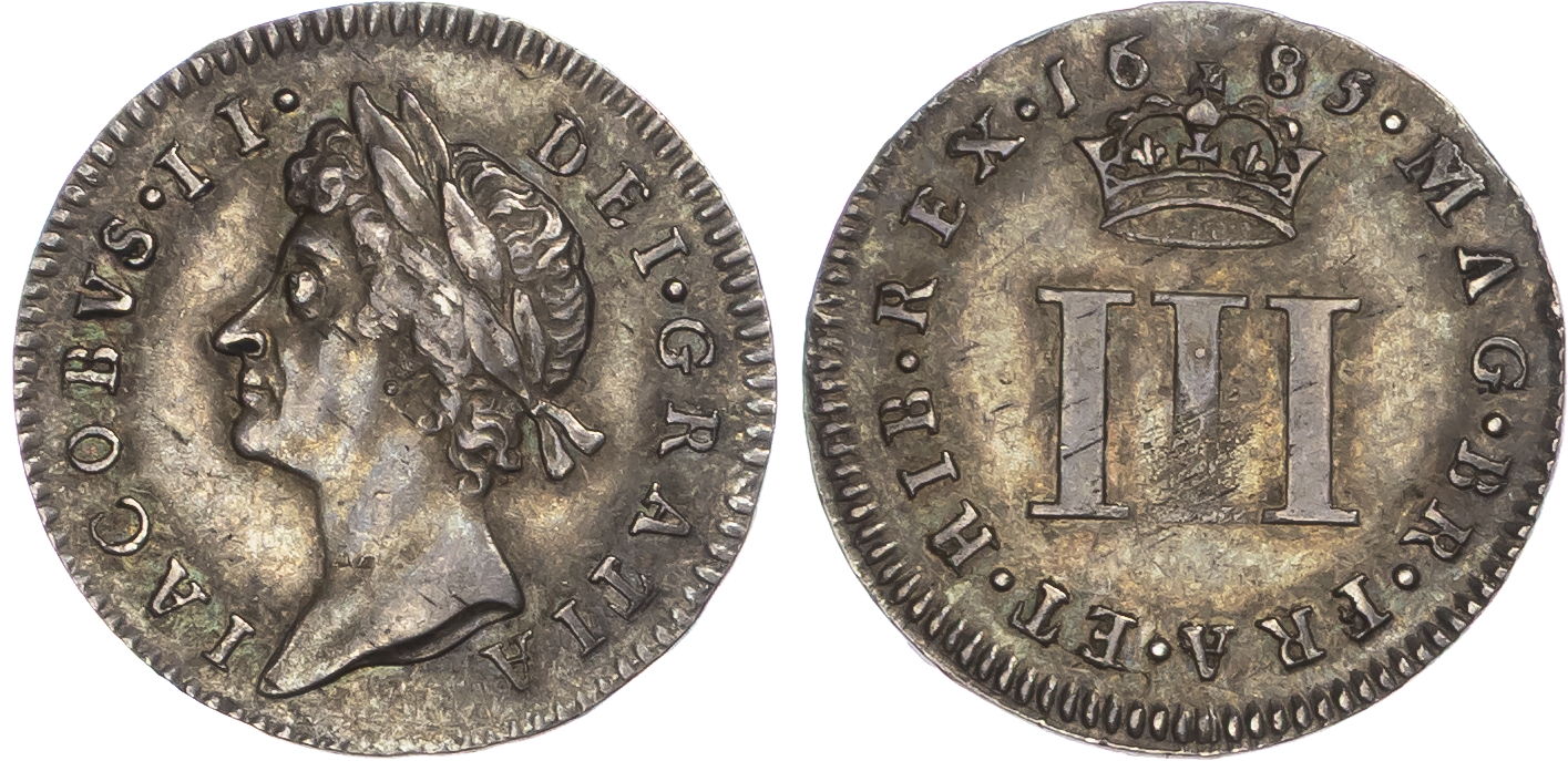 James II (1685-88), 1685, Threepence.