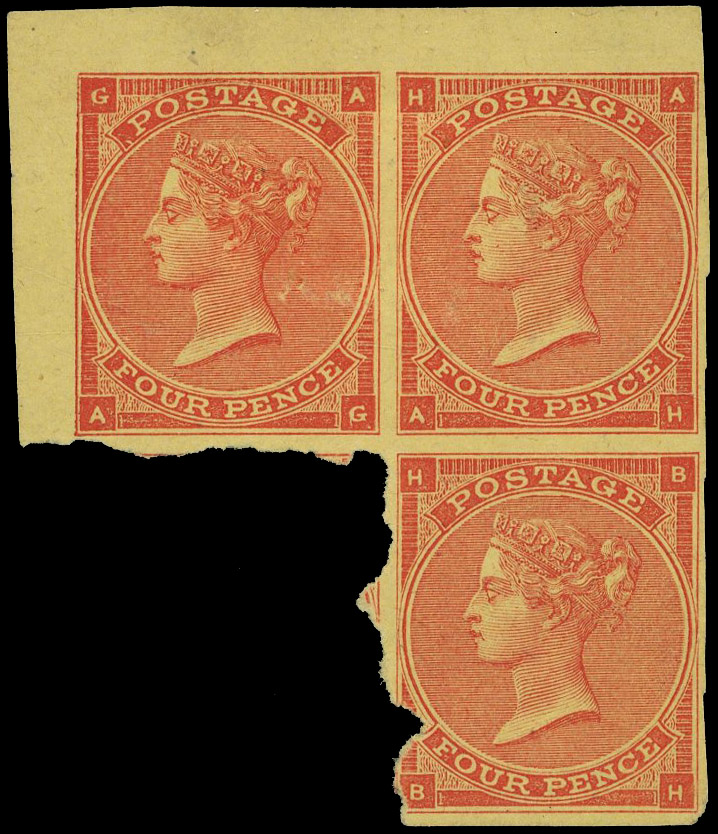 1862 4d Red Pl.3. Very fine irregular block of three imperforate plate proofs printed in red on unwatermarked yellow wov…