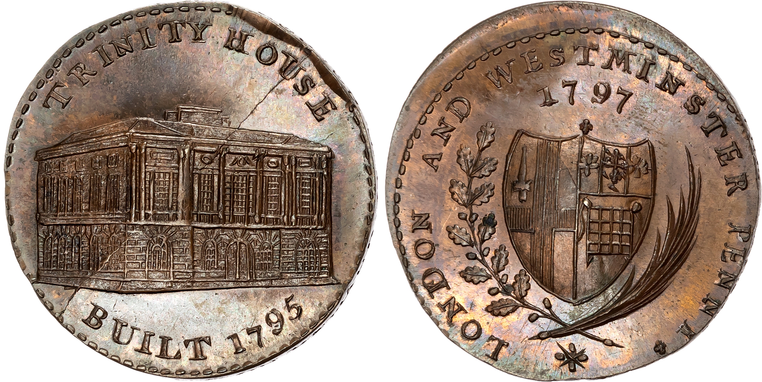 London, Tower Hill, Prattent’s ‘London and Westminster Series’ Penny 1797, Trinity House, rev . London and Westminster …