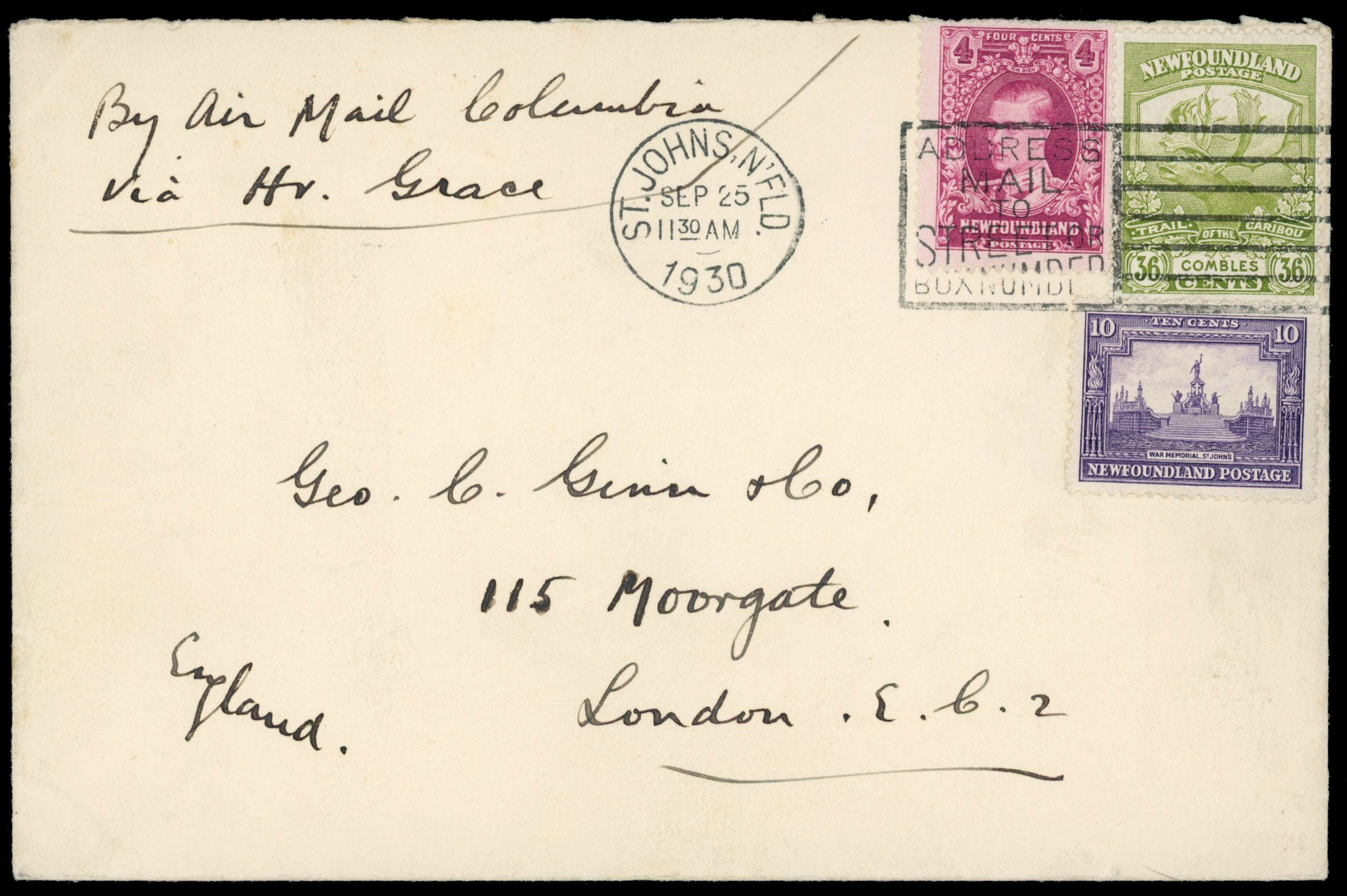 Newfoundland 1930 Columbia flight cover to London