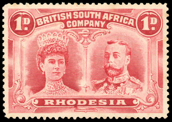 Rhodesia 1910-13 1d carmine perf 15 OD flaw