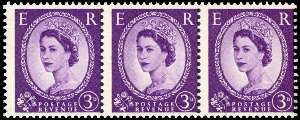 Great Britain 1959 SG 575var 1959 3d Deep violet “Dollis Hill Phosphor Trial“ strip of 3