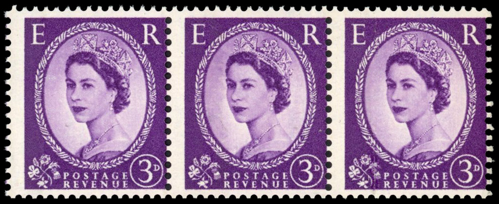 GB 1959 1959 3d Deep violet “Dollis Hill Phosphor Trial“ strip of 3, Spec. ST7(3)f