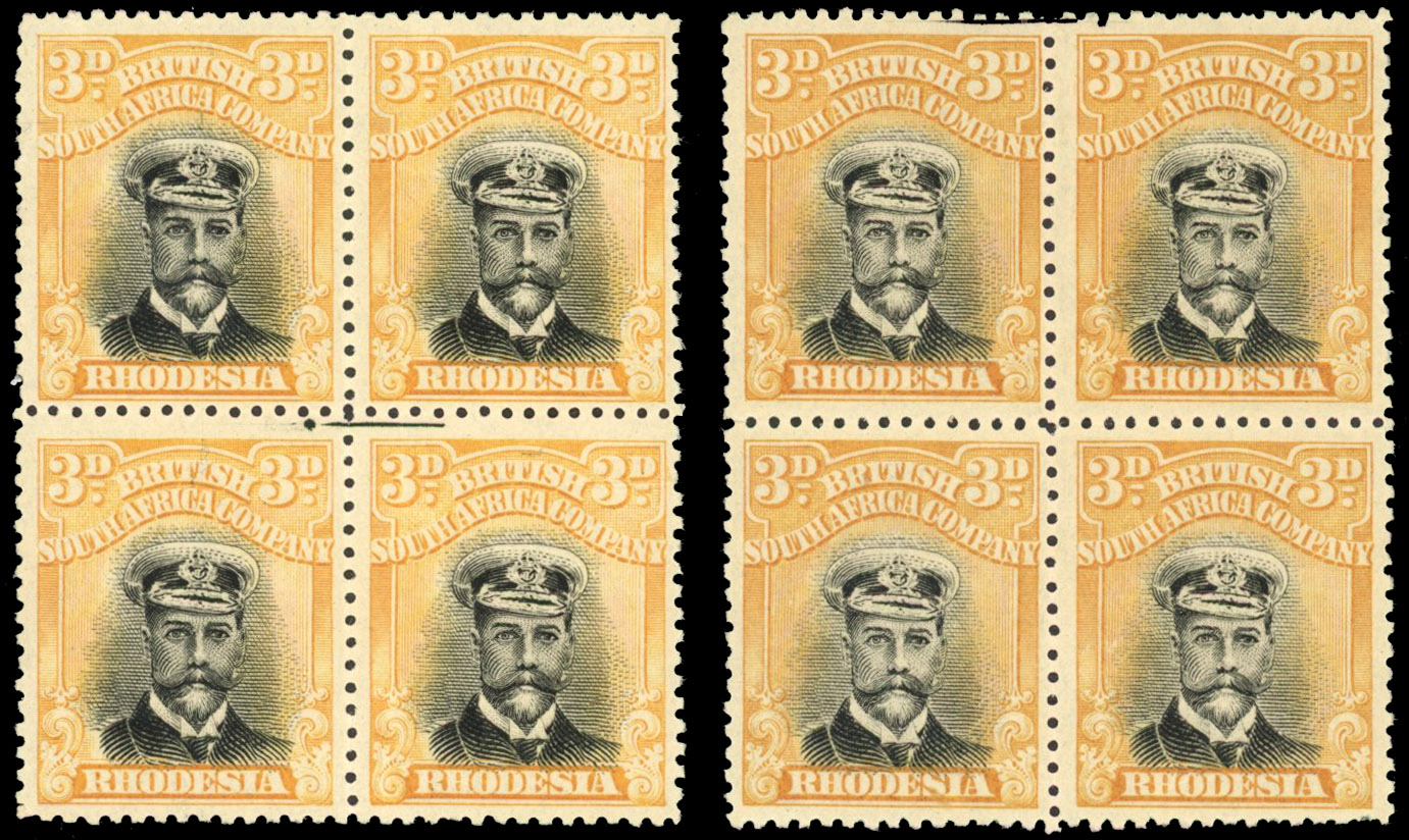 Rhodesia 3d SG 260 two blocks with left and right printer's marks mint