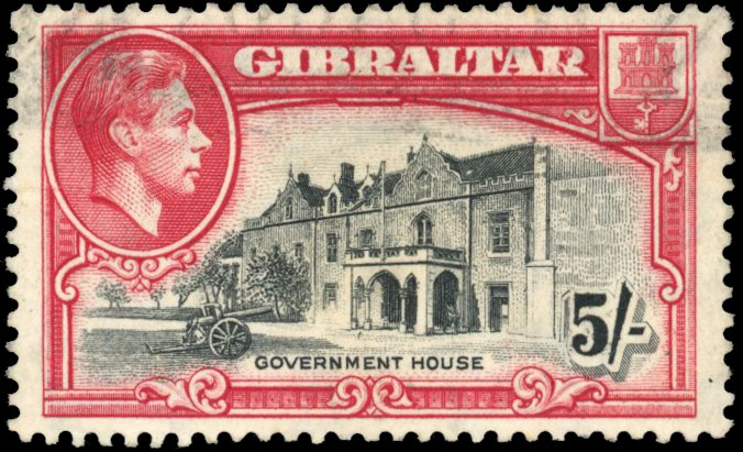 Gibraltar 1938-51 5s black and carmine with broken 'R', SG 129ba