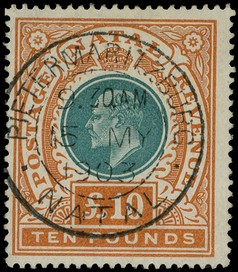 1902 £10 green and orange, perfectly struck by Pietermaritzburg CDS of 15 MY 1903.  Believed to have been prepared for...