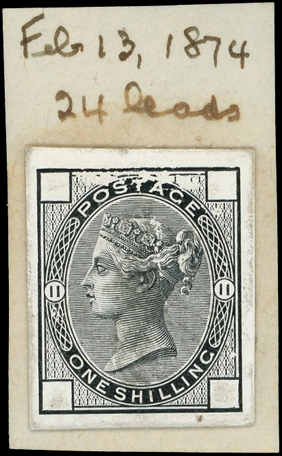 1873-80 1s green, plate 11, striking book die proof, cut to stamp size and attached to small piece