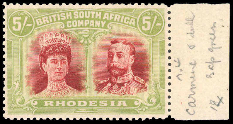Rhodesia 1910-13 5s deep rose-red and bright yellow-green perf 14
