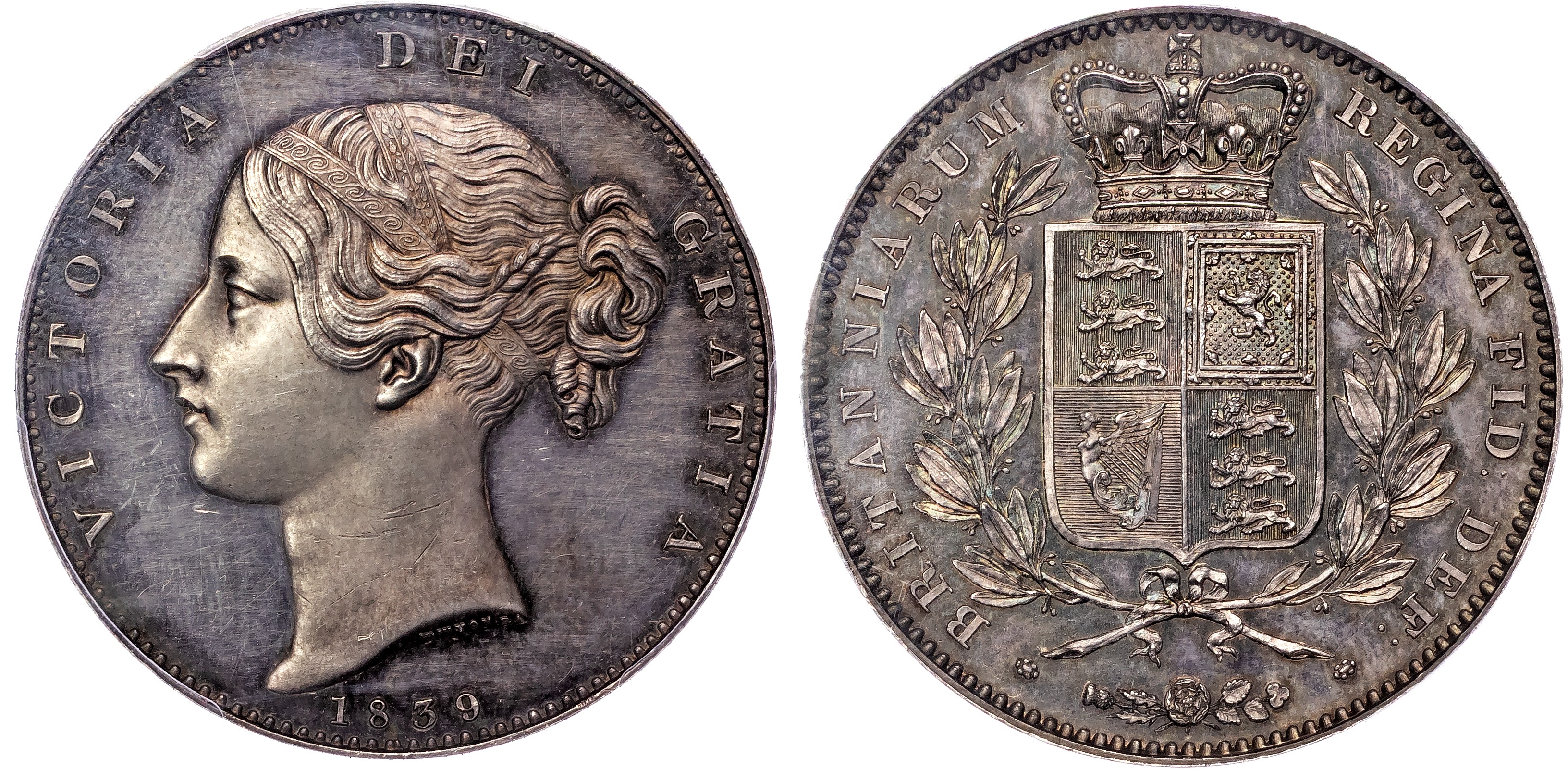 Victoria (1837‐1901), AR Proof Crown, 1839, plain edge. PCGS PR63