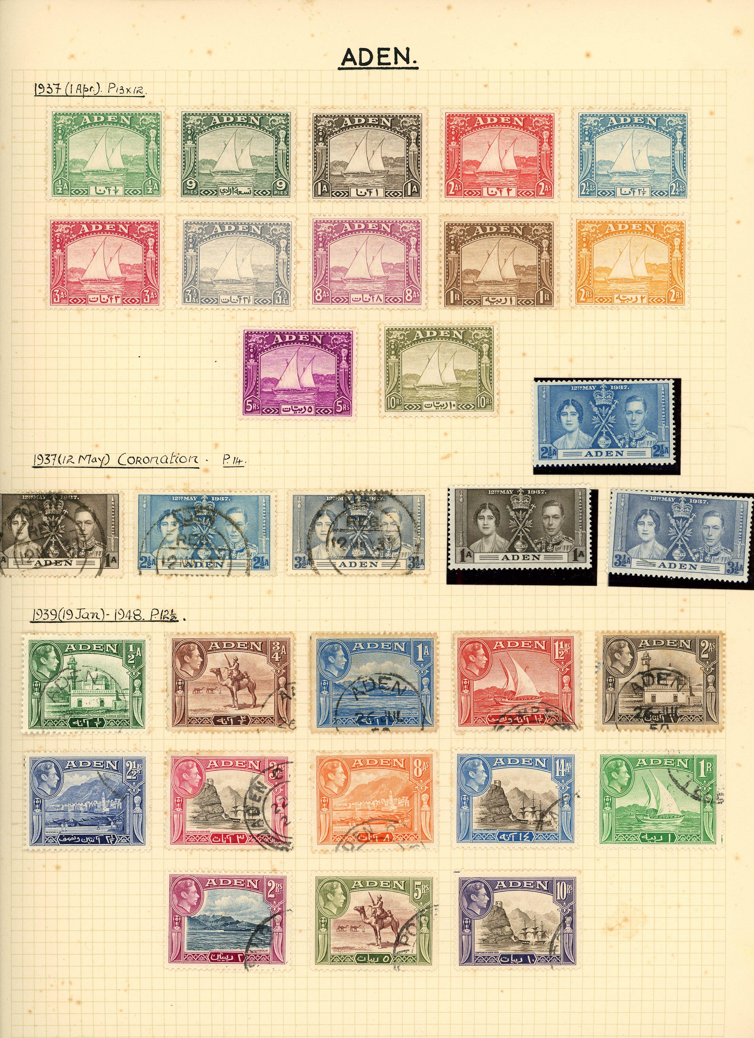 Collection (hundreds) mainly KG VI on Philatelic leaves including Aden Dhow set o.g. (5r aniline), some foxing,...