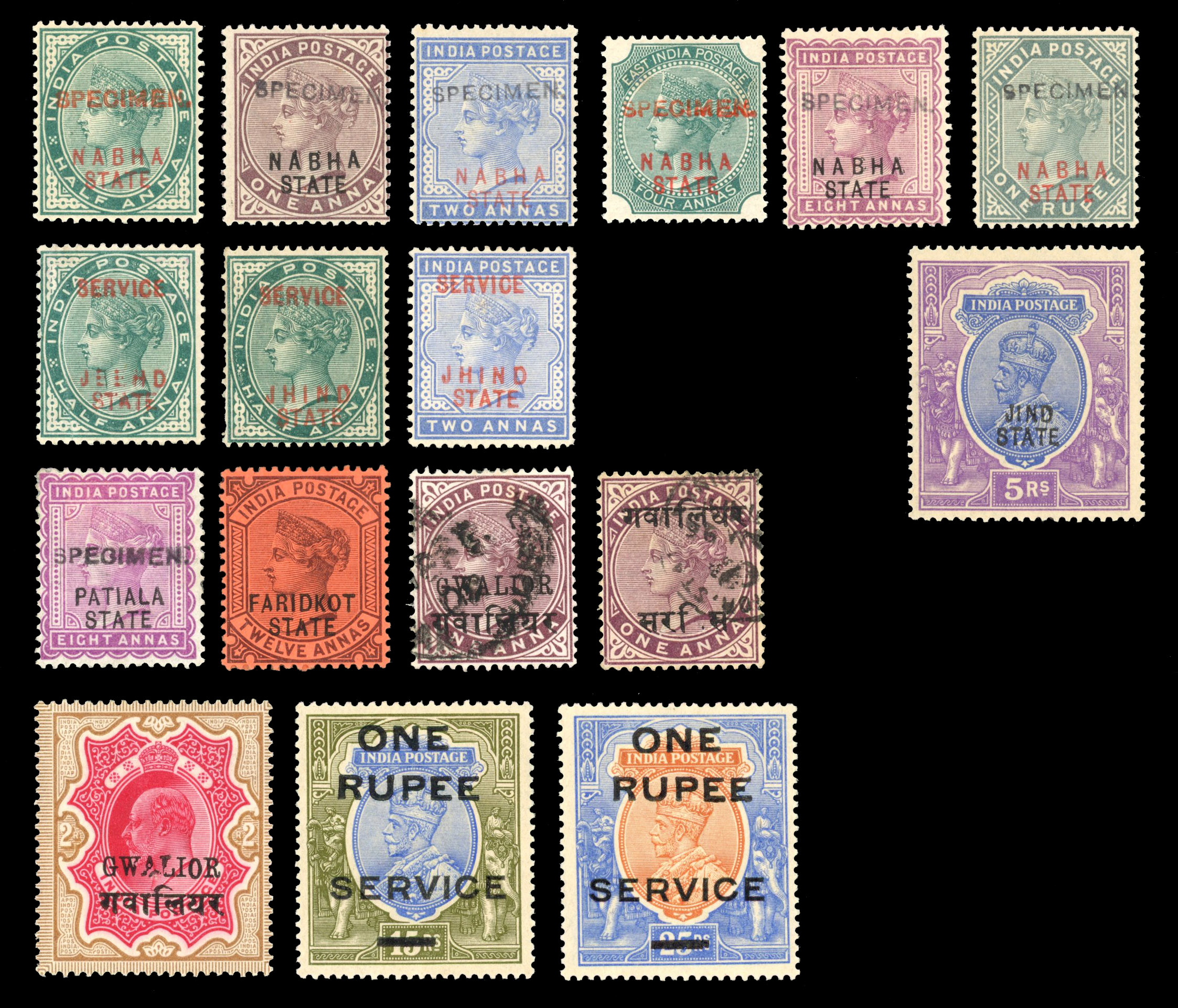 India QV to KGV mainly mint selection on a Hagner page including Convention States ‘SPECIMEN’ overprints