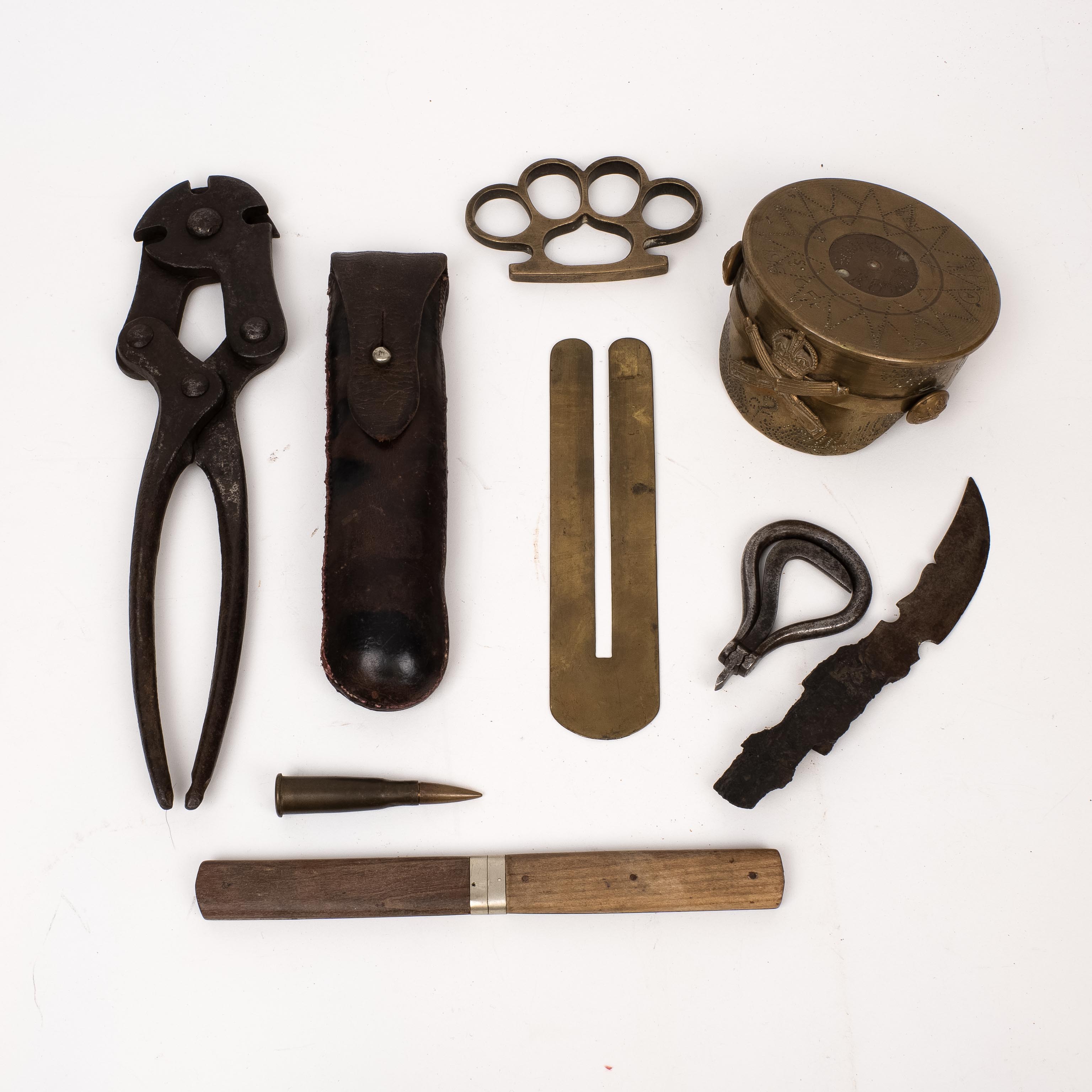 Trench Art - including WWI period wire cutter, trench knuckleduster, knife and fork set, shrapnel knife etc