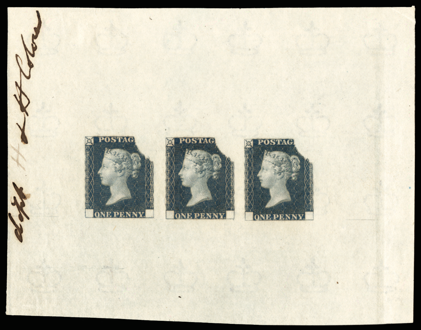 Great Britain 1840 1d "Rainbow" Small trial sheet of three impressions, SG DP19a