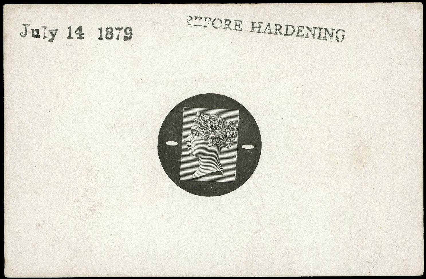 1880 1d Venetian red. Very fine head die only, die-proof printed in black with uncleared surround on white glazed card (…