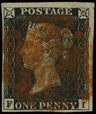 1840 1d black plate 1a (FI) 4 margins, close...
