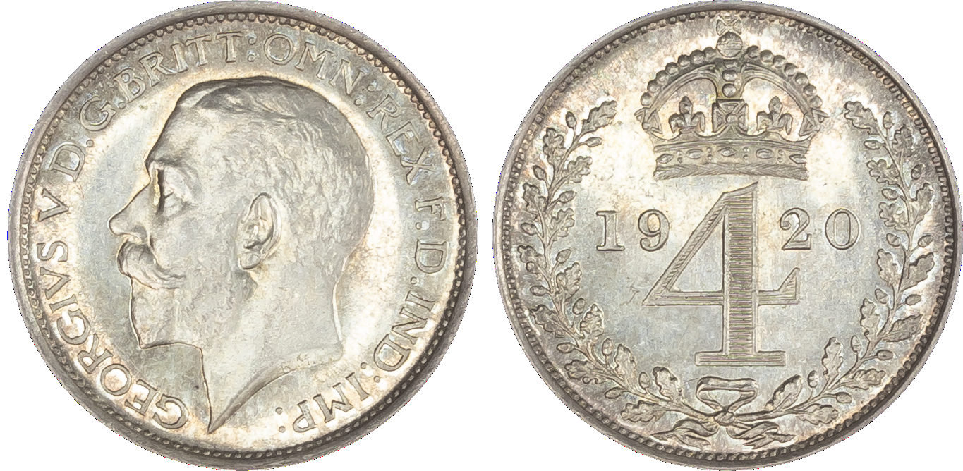 George V (1910‑36), Maundy set, 1920, first coinage [1911‑19], bare head of King left, with raised BM for Bertram Mackennal