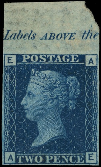 1858-69 2d blue Plate 14 (AE) imperforate imprimatur, top marginal with part...