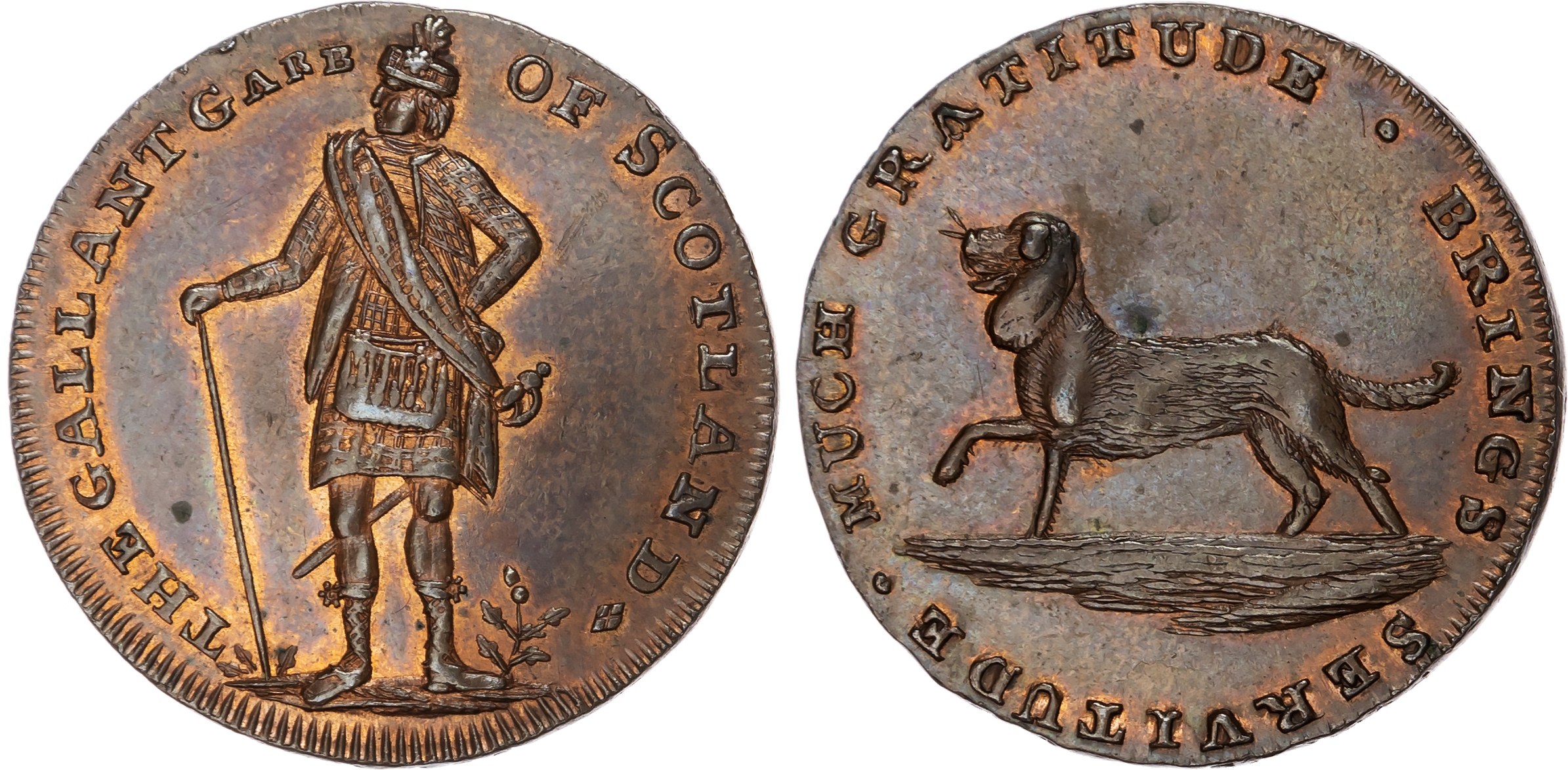 London, Holborn, Thomas Spence Halfpenny undated, Spaniel dog walking left, rev. Standing Scottish highlander …