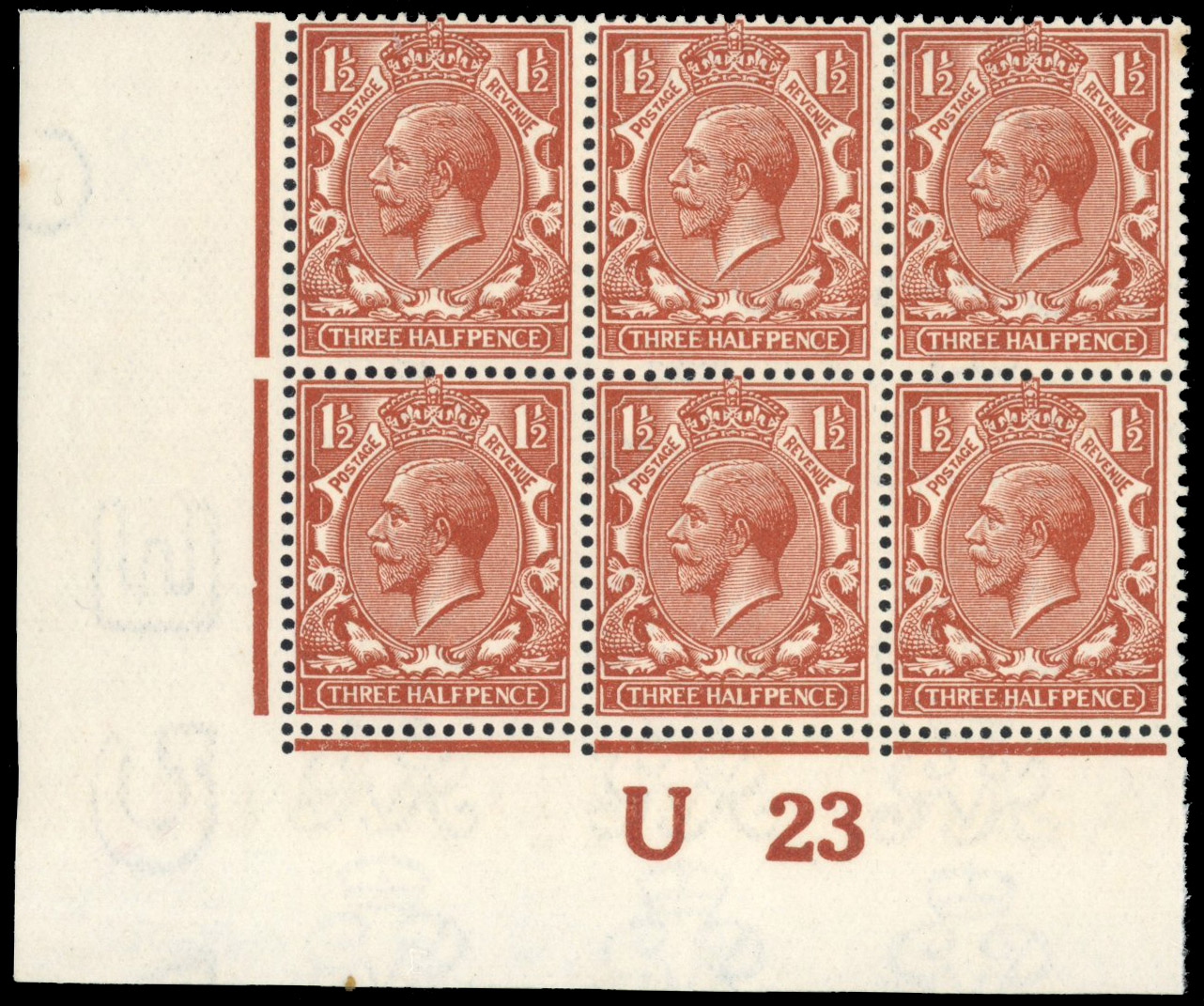 GB 1912-24 Royal Cypher 1½d Control block mint